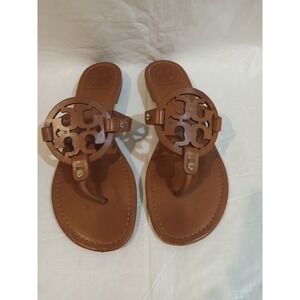 Tory Burch Miller Flat Sandals Tan Leather Logo Thong Flip Flops Women